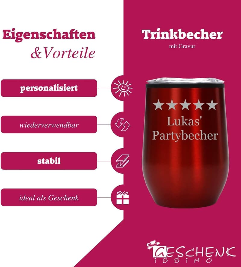 Personalisierter doppelwandiger Trinkbecher rot, 350 ml aus Edelstahl