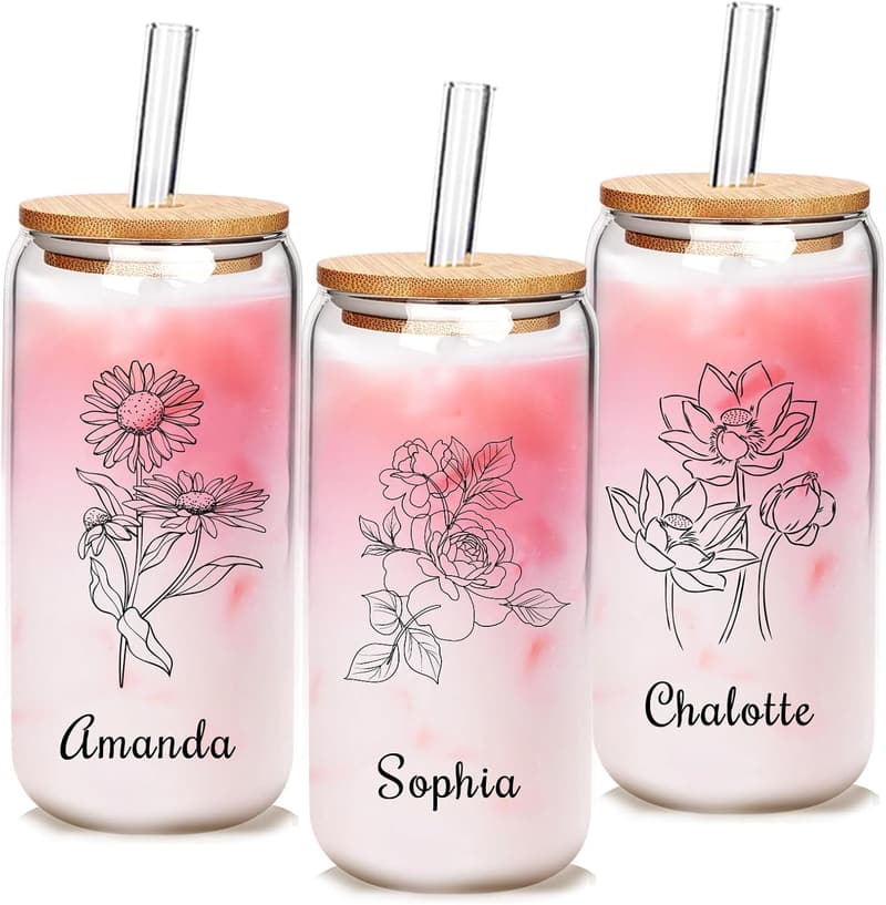Personalisierte Glas mit Namen und Geburtsblume für Mama – 530ml Iced Coffee Becher