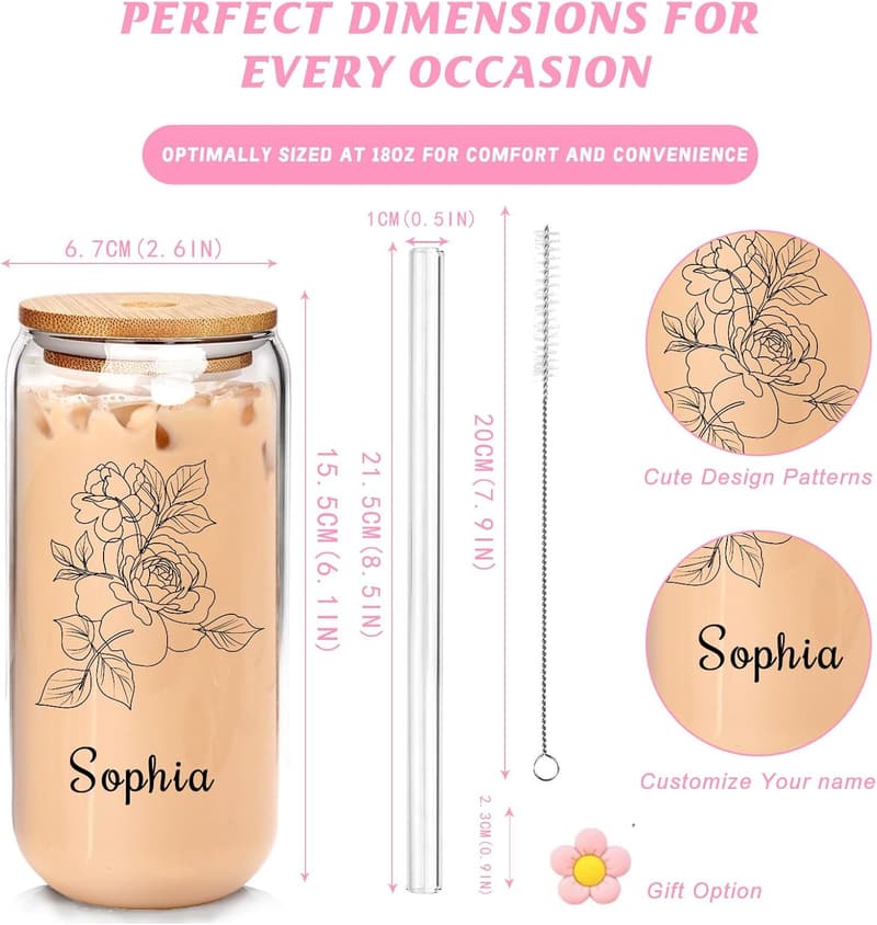 Personalisierte Glas mit Namen und Geburtsblume für Mama – 530ml Iced Coffee Becher