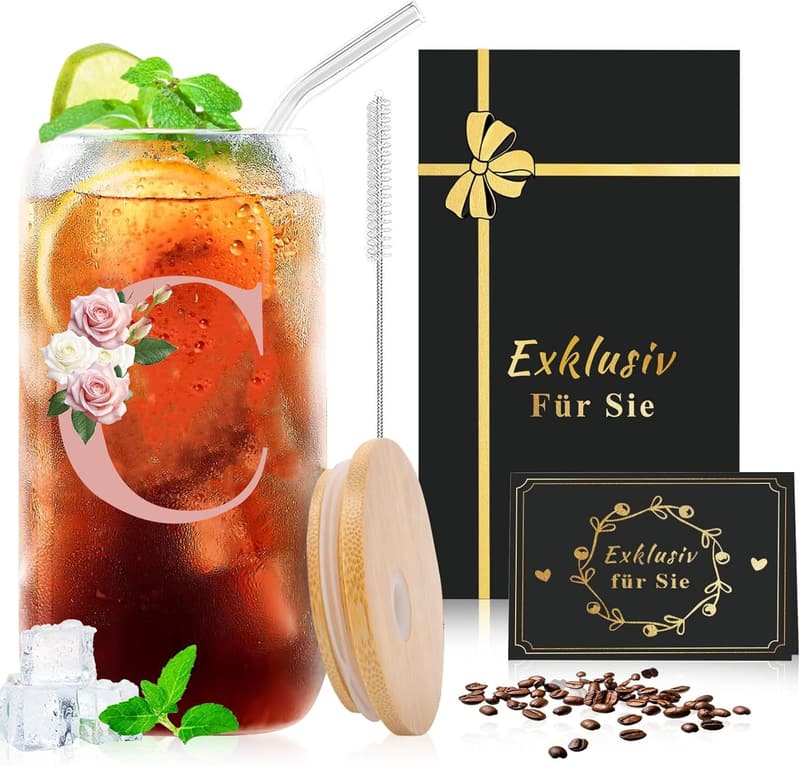 Personalisierbarer A-Z Glasbecher mit Deckel und Strohhalm, 500ml