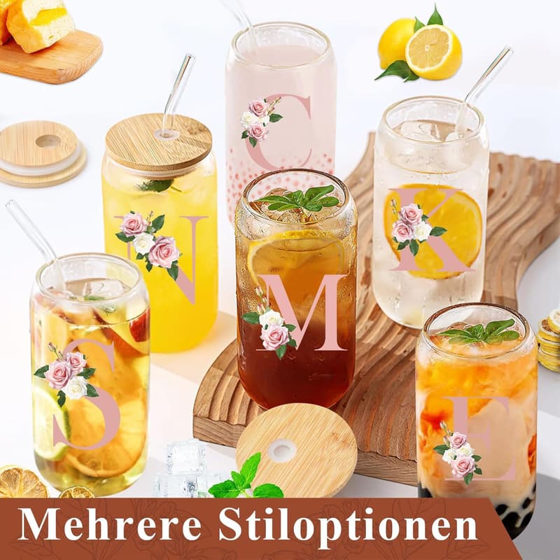 Personalisierbarer A-Z Glasbecher mit Deckel und Strohhalm, 500ml