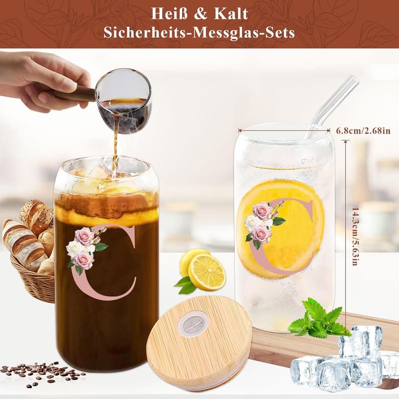 Personalisierbarer A-Z Glasbecher mit Deckel und Strohhalm, 500ml