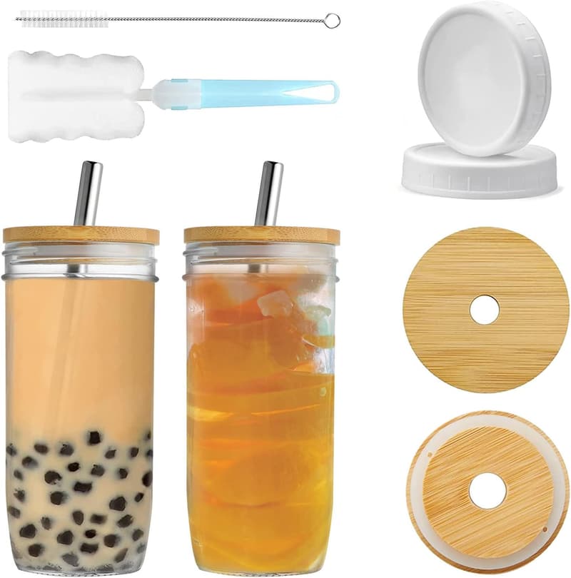 YUEYEE 2er Set Mason-Gläser 24oz mit Deckel und Strohhalmen