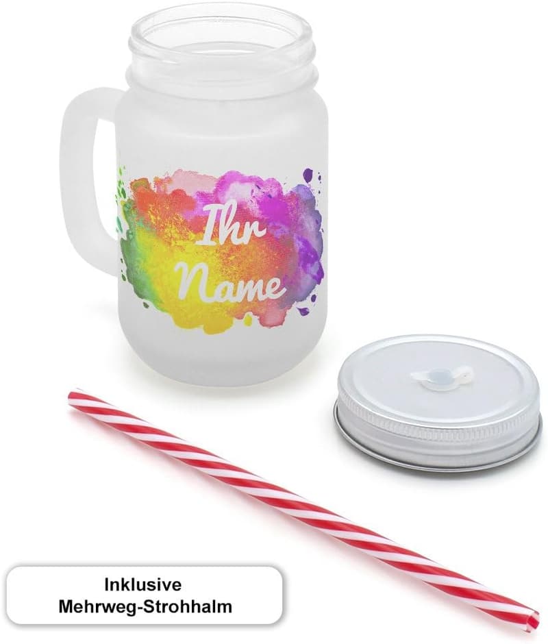 Personalisierbares Henkelglas mit Strohhalm - Motiv Color Paint