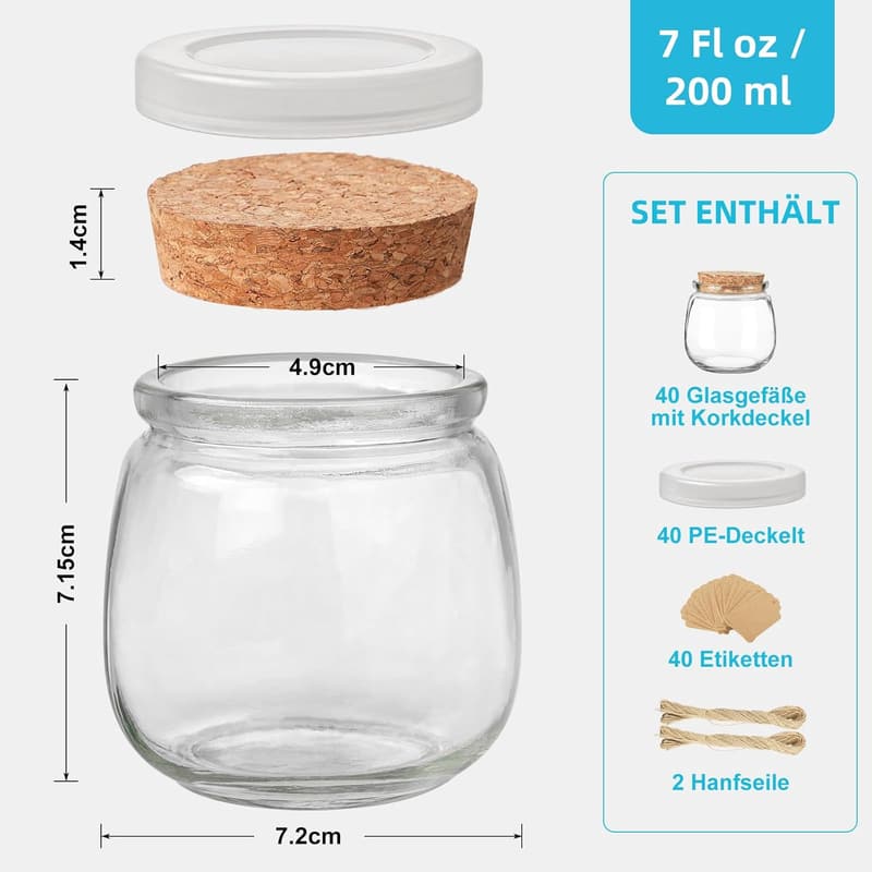 Kleine Einmachgläser mit Korken 200ml – 40er Set für Geschenke und Deko