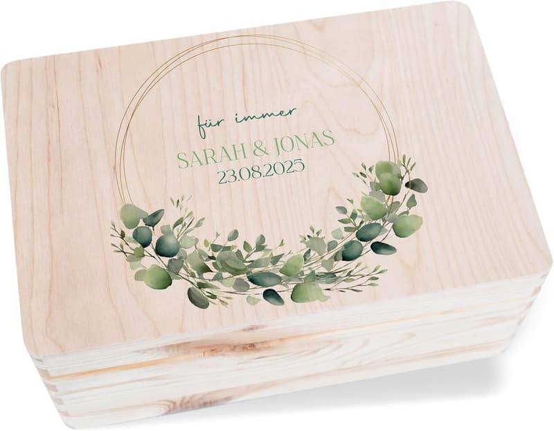 Eukalyptus-Holzkiste für Geldgeschenke zur Hochzeit mit Namen und Datum