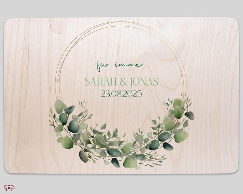 Eukalyptus-Holzkiste für Geldgeschenke zur Hochzeit mit Namen und Datum
