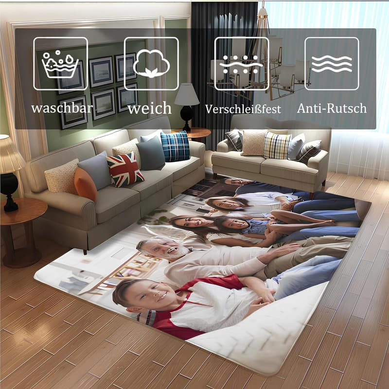 Personalisierter Flanell-Teppich für Schlafzimmer und Wohnzimmer, waschbar, rutschfest, mit Bild/Text