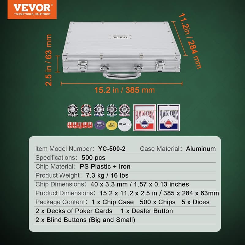 VEVOR Pokerchip-Set 500-teilig mit Alu-Koffer für 9-10 Spieler