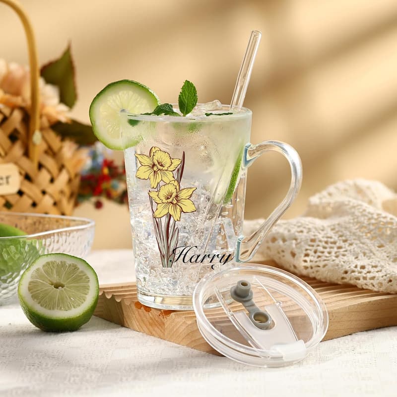 Personalisierte Longdrinkgläser mit Deckel und Strohhalm für Frauen