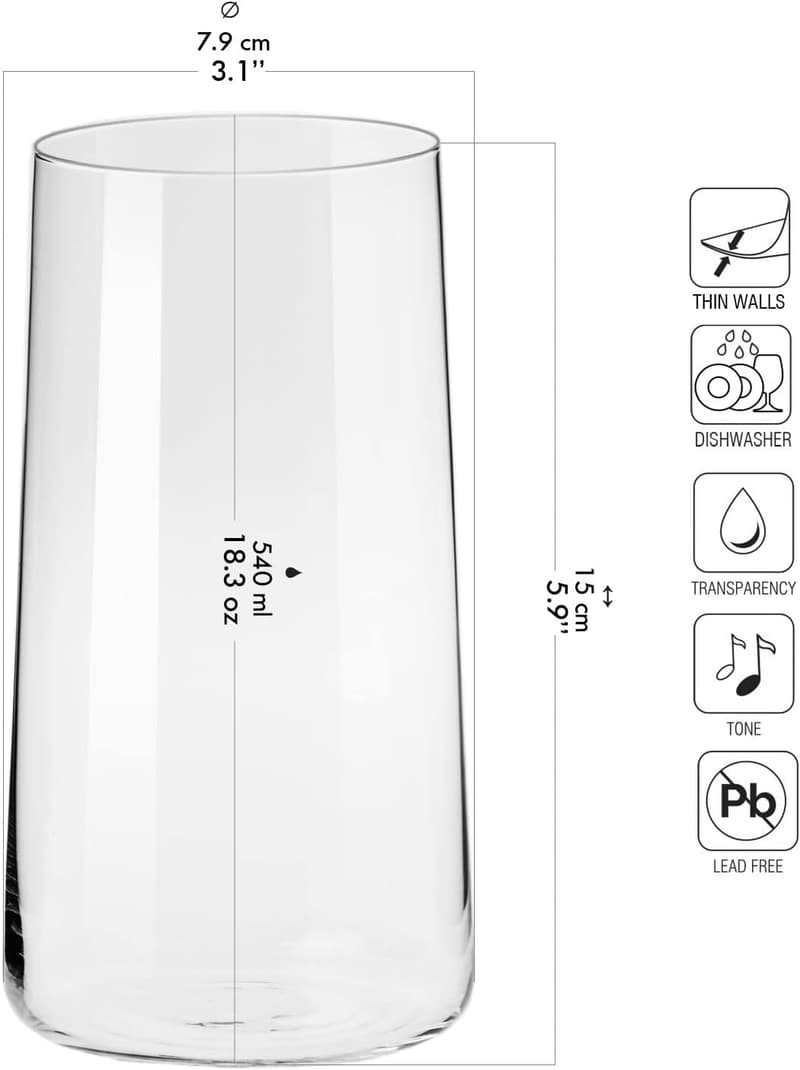 Highball Trinkgläser 6er Set aus kristallklarem Glas, 540 ml