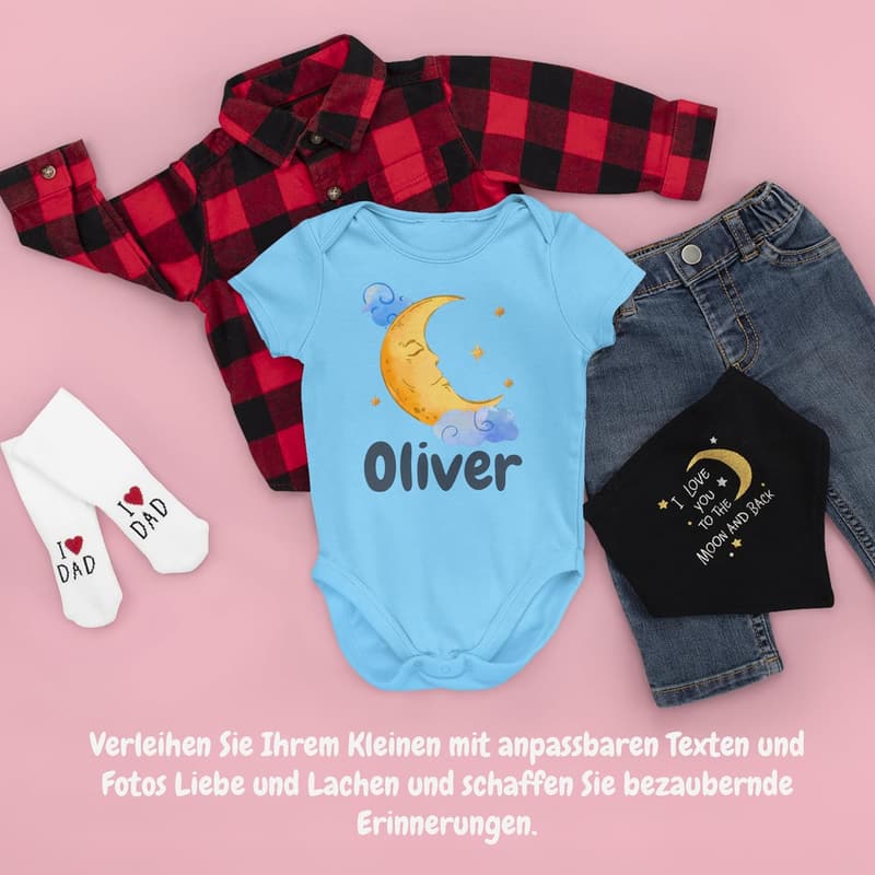 Personalisierbarer Baby-Body mit Foto und Text für Jungen und Mädchen
