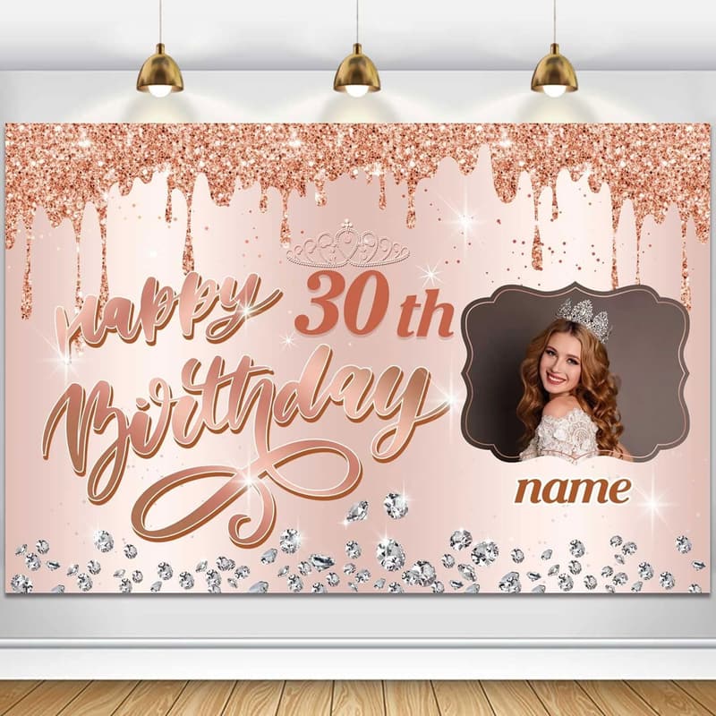 Personalisierter Happy Birthday Banner mit Namen und Bildern – Roségold