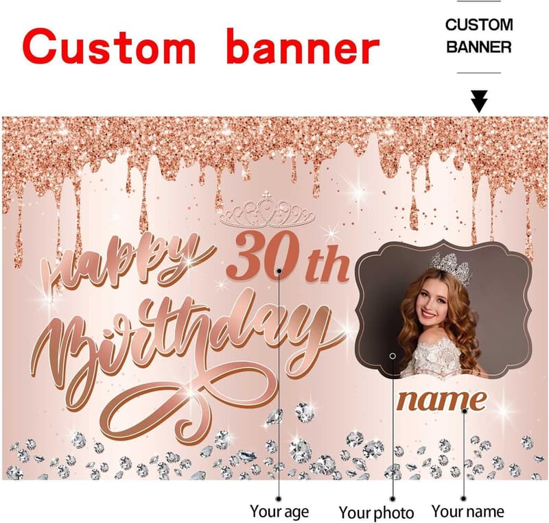 Personalisierter Happy Birthday Banner mit Namen und Bildern – Roségold