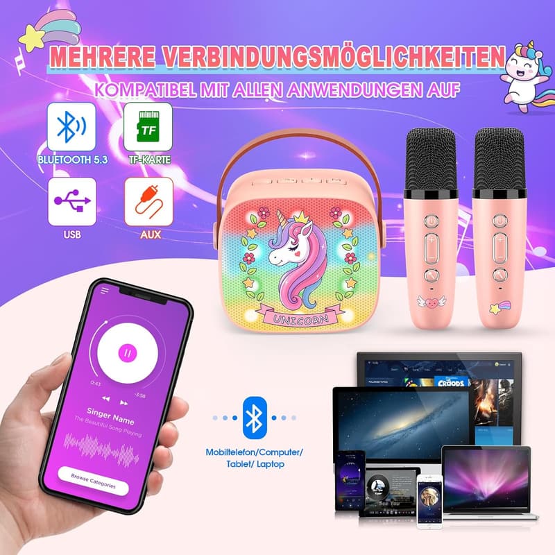 Einhorn Karaoke Maschine mit 2 Mikrofonen für Mädchen 3-12 Jahre
