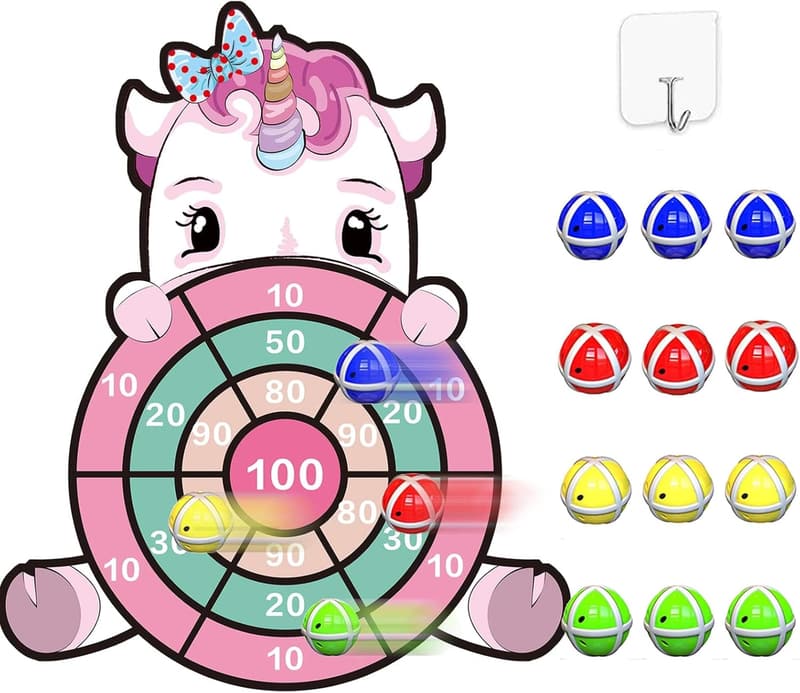Einhorn Wurfspiel mit 12 Klebe-Bällen – Geburtstagsgeschenk für Mädchen 3-9 Jahre