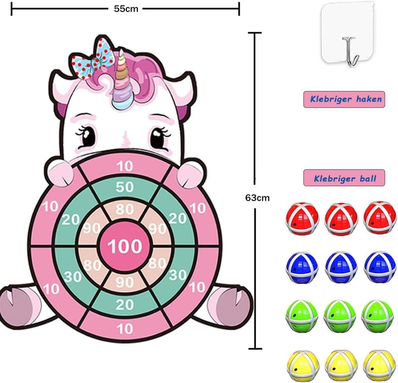 Einhorn Wurfspiel mit 12 Klebe-Bällen – Geburtstagsgeschenk für Mädchen 3-9 Jahre