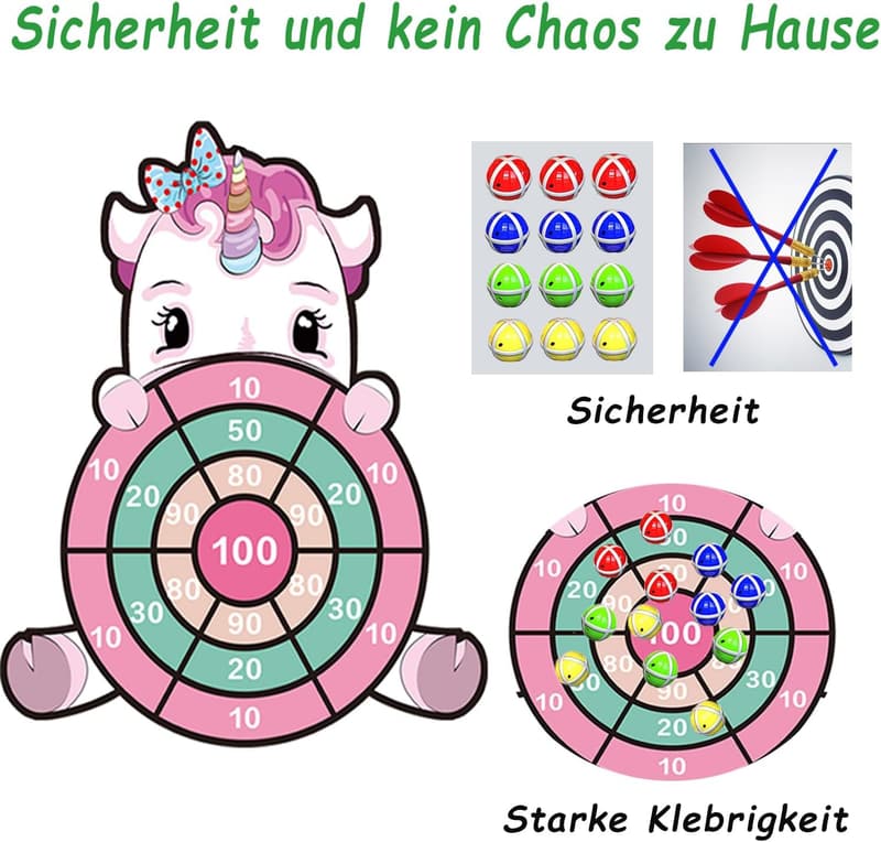Einhorn Wurfspiel mit 12 Klebe-Bällen – Geburtstagsgeschenk für Mädchen 3-9 Jahre
