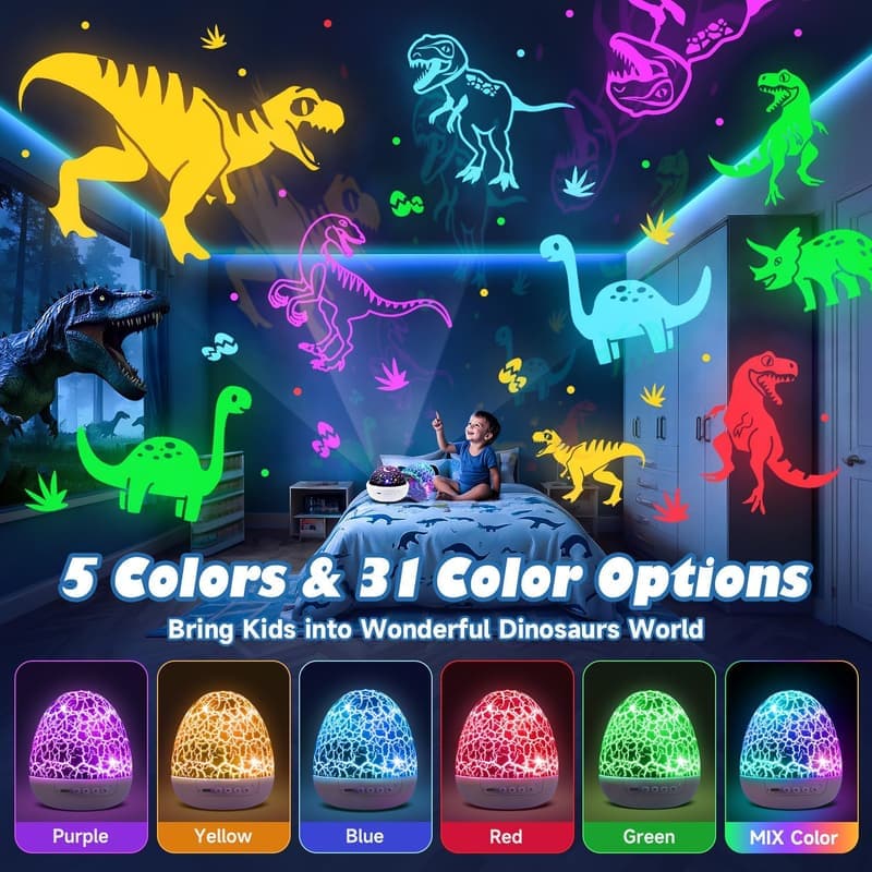 Dinosaurier Projektor mit 15 Weißrauschen für Kinder, 93 Modi, Fernbedienung, 360° Drehung