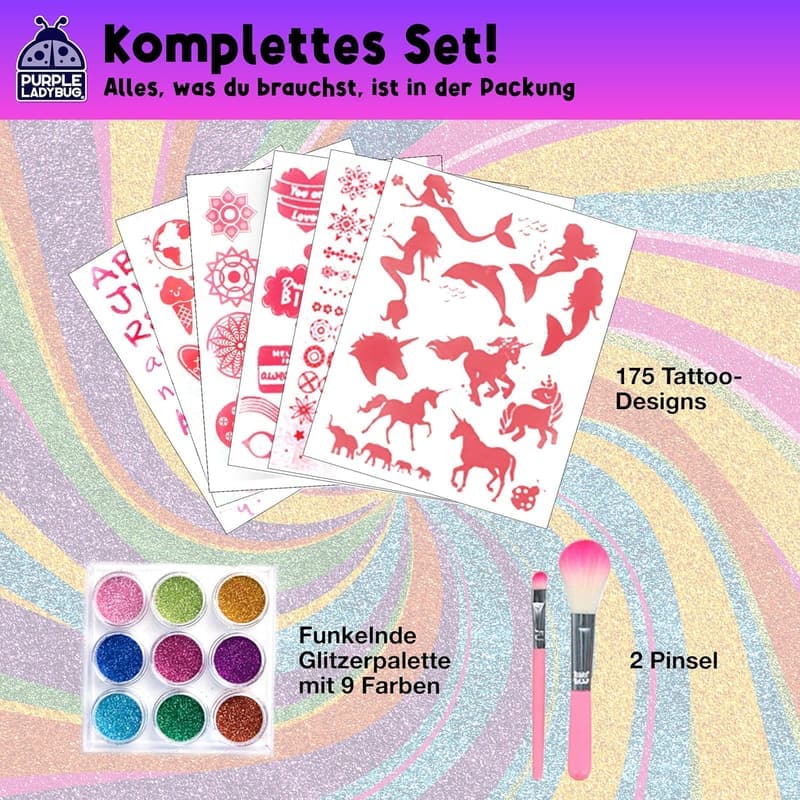 Glitzer Tattoo Set für Mädchen – Temporäre Tattoos 6-12 Jahre