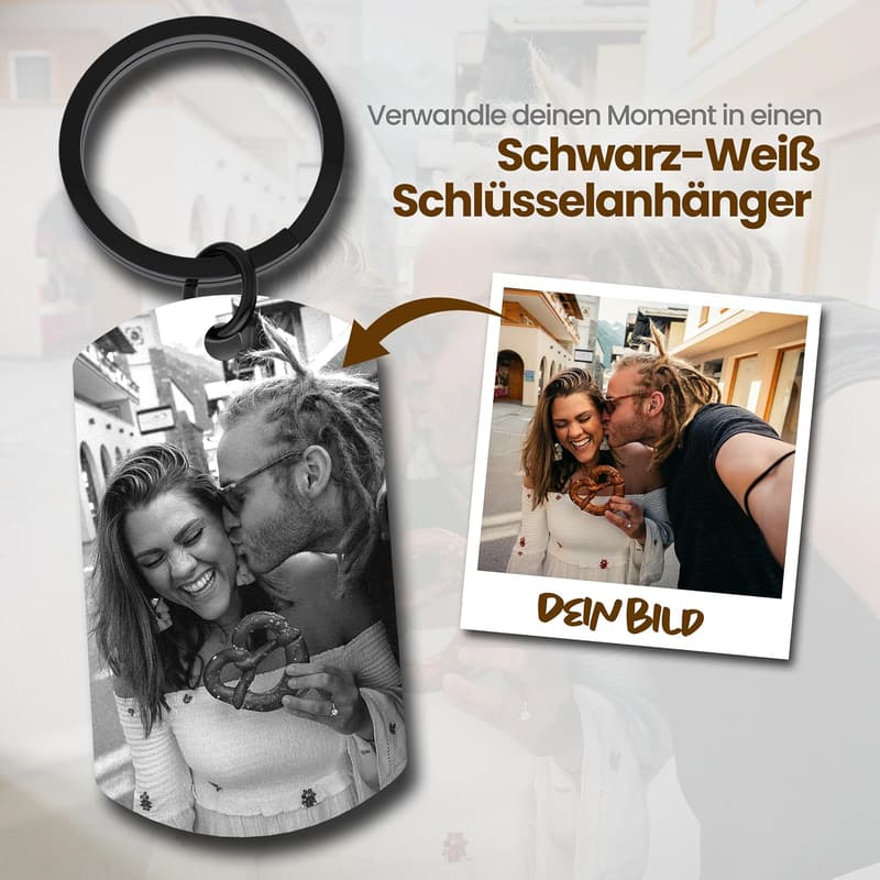 Personalisierter Schlüsselanhänger aus Edelstahl mit Fotogravur für Paare