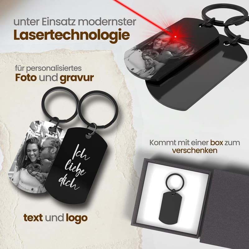 Personalisierter Schlüsselanhänger aus Edelstahl mit Fotogravur für Paare