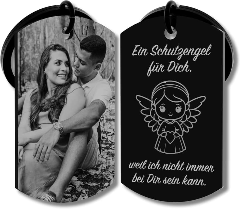Personalisierter Schlüsselanhänger mit Foto und Gravur – Edelstahl Glücksbringer für Paare und Familie