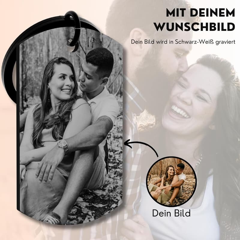 Personalisierter Schlüsselanhänger mit Foto und Gravur – Edelstahl Glücksbringer für Paare und Familie