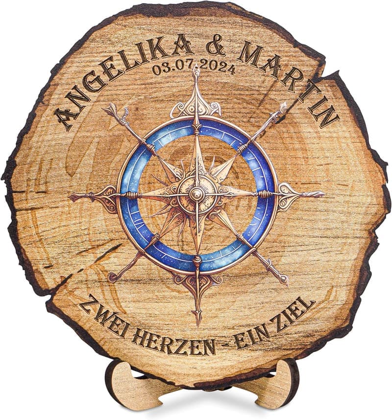 Personalisierte Wanddeko mit Kompassgravur - Holz-Optik, 20 cm