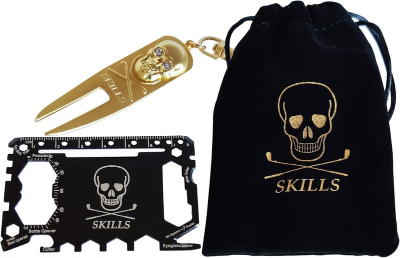 Golf Geschenkset: Pitchgabel mit Totenkopf-Ballmarker & 46-in-1 Multitool
