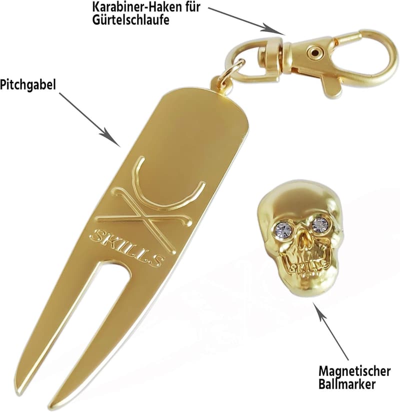 Golf Geschenkset: Pitchgabel mit Totenkopf-Ballmarker & 46-in-1 Multitool