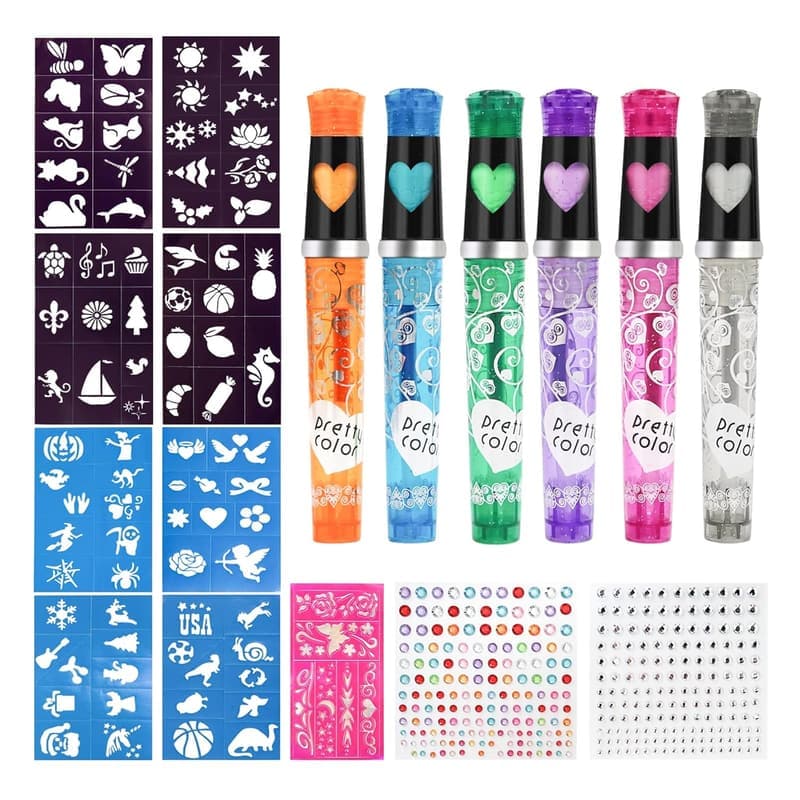 Glitzer Tattoo Set für Kinder – 6 Farben, 8 Schablonen, 80 Muster