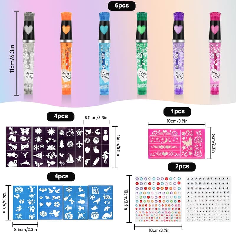 Glitzer Tattoo Set für Kinder – 6 Farben, 8 Schablonen, 80 Muster