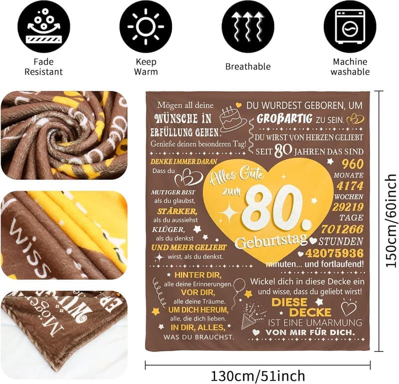 80. Geburtstagsdecke für Frauen und Männer mit Motivationssprüchen