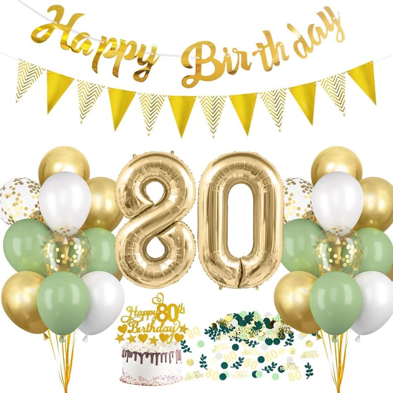 80. Geburtstag Dekoration in Salbeigrün mit Ballons und Girlande