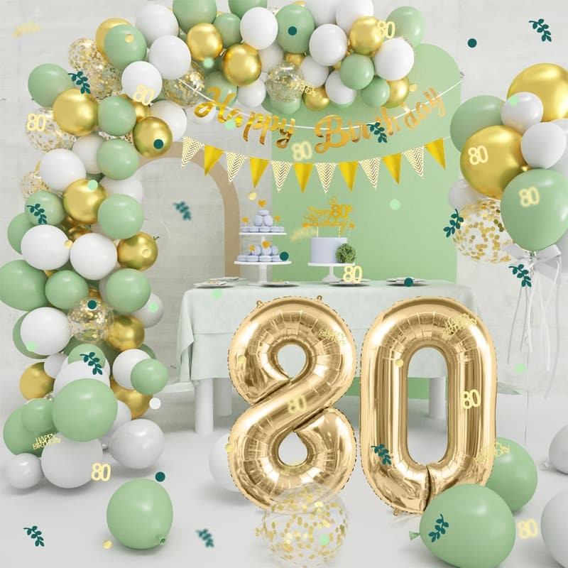 80. Geburtstag Dekoration in Salbeigrün mit Ballons und Girlande