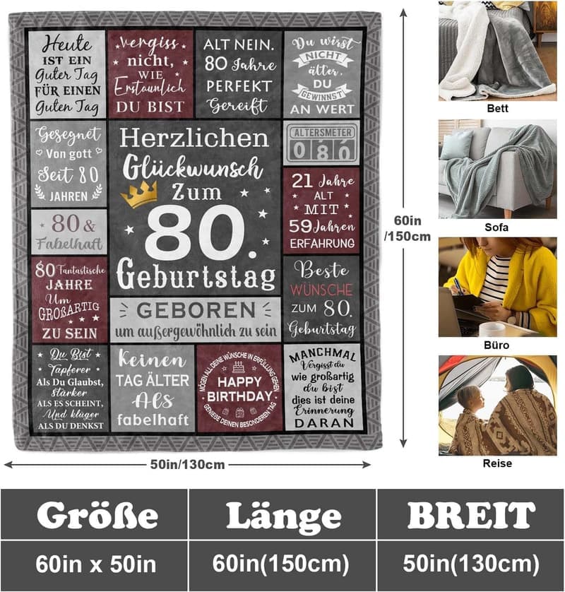 Geschenkset zum 80. Geburtstag für Männer, Decke 150x130 cm
