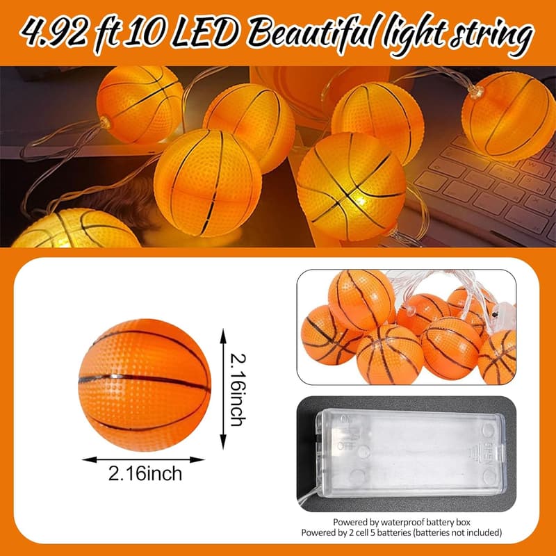 Basketball-Lichterkette 1,5 m mit 10 LEDs – Batteriebetriebene Dekoration für Kinderzimmer und Partys