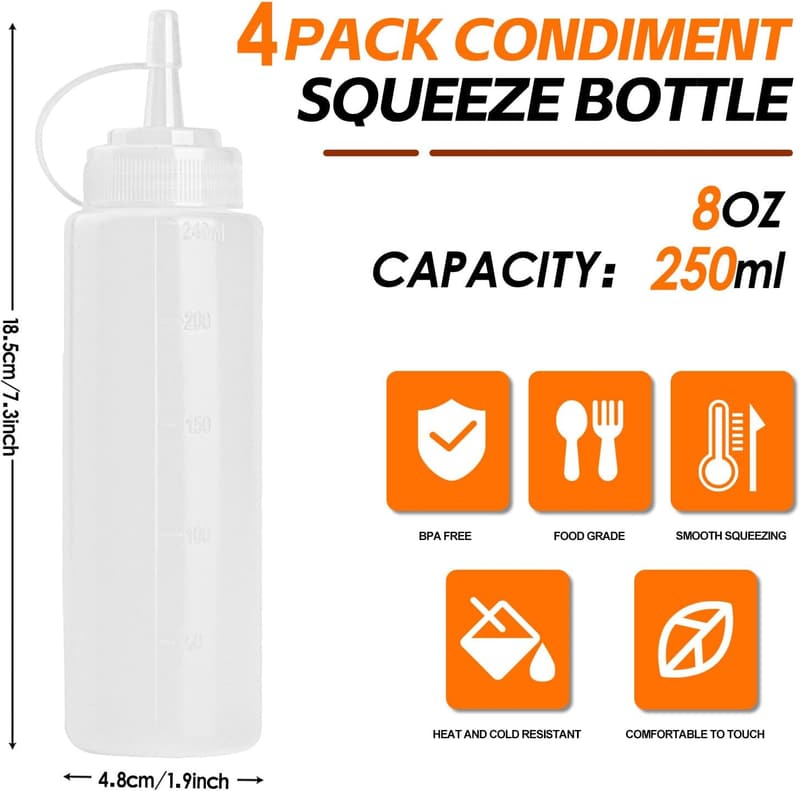 4er Set Kunststoff Quetschflaschen 250ml für Saucen und Öle