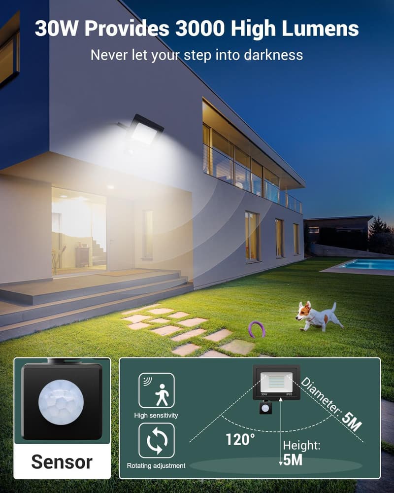 LED Strahler mit Bewegungsmelder 30W, IP65, 6500K für außen