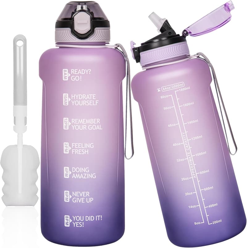 Motivierende Sportflasche 2l mit Strohhalm & Zeitmarkierung, BPA-frei