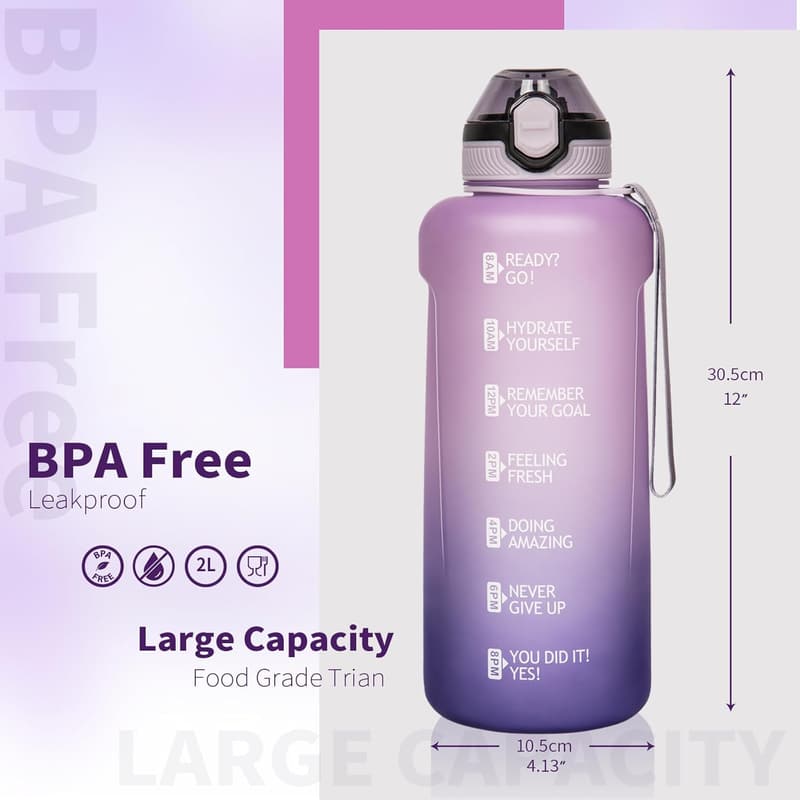 Motivierende Sportflasche 2l mit Strohhalm & Zeitmarkierung, BPA-frei