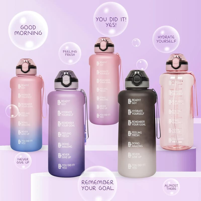 Motivierende Sportflasche 2l mit Strohhalm & Zeitmarkierung, BPA-frei