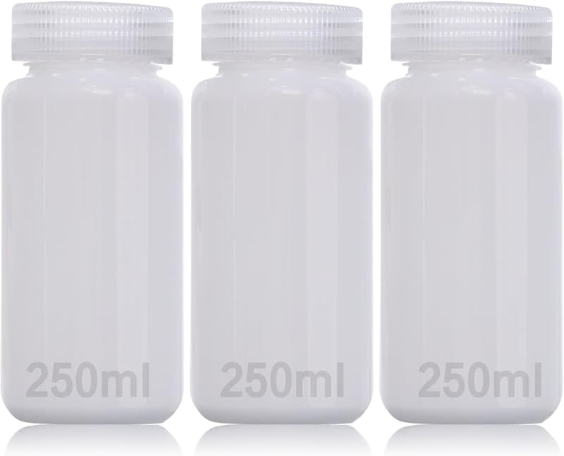 3er Set HDPE Weithalsflaschen 250ml - Auslaufsicher, transparent