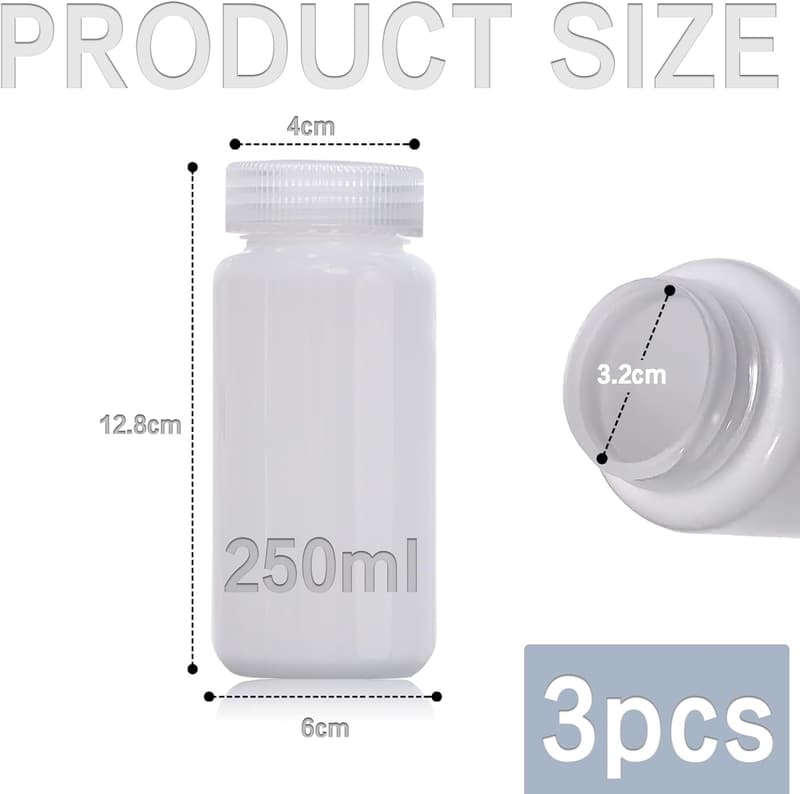 3er Set HDPE Weithalsflaschen 250ml - Auslaufsicher, transparent
