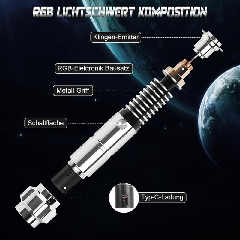 Lichtschwert für Erwachsene mit Aluminiumgriff und 16 Soundfont-Farben
