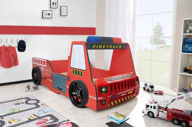 Feuerwehrbett für Kinder 90x200 mit LED, rot, Hochglanz