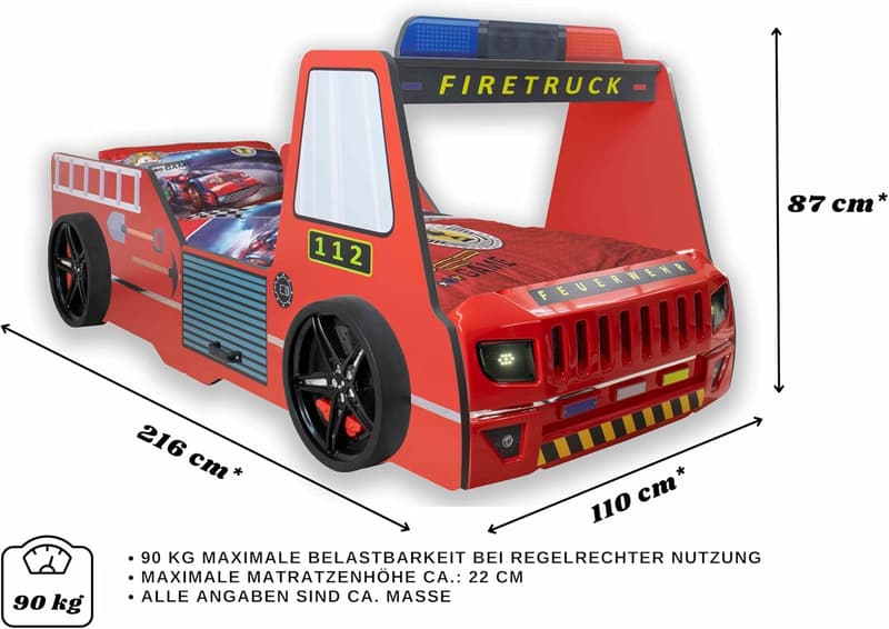 Feuerwehrbett für Kinder 90x200 mit LED, rot, Hochglanz