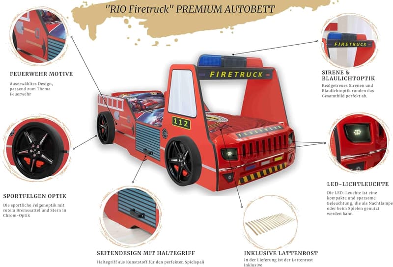 Feuerwehrbett für Kinder 90x200 mit LED, rot, Hochglanz
