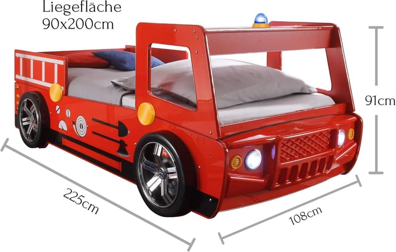 Feuerwehrbett mit LED-Beleuchtung 90 x 200 cm für Kinder